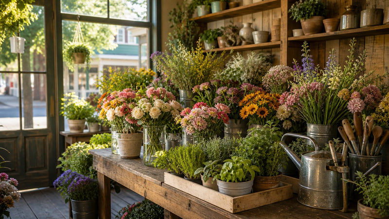 Fresh bouquets and potted plants in a small garden shop.