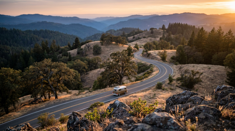 A winding road through golden oak hills in California Gold Country at sunset