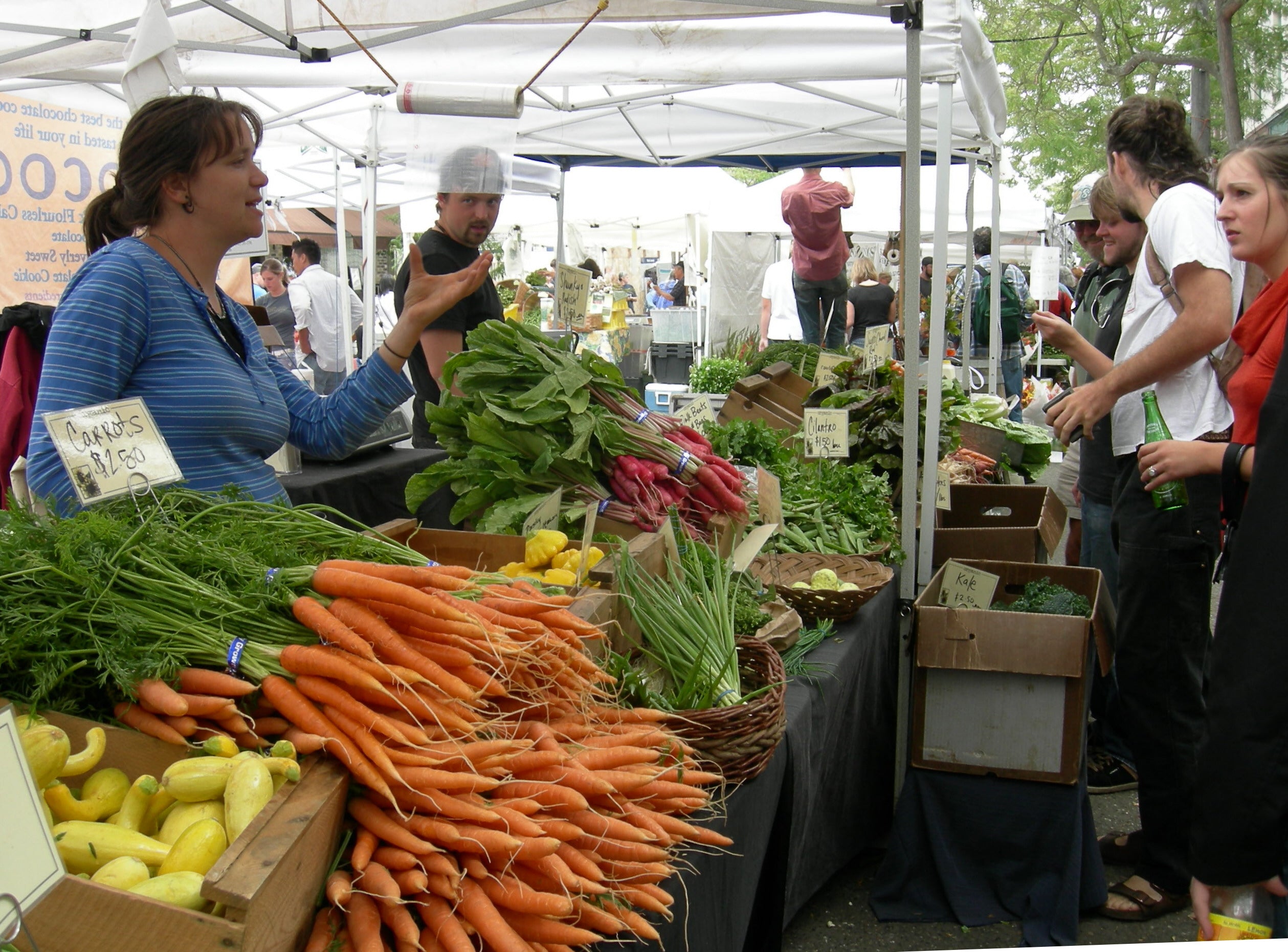 Fresh carrots, radishes, and vegetables displayed at an outdoor farmers market stall