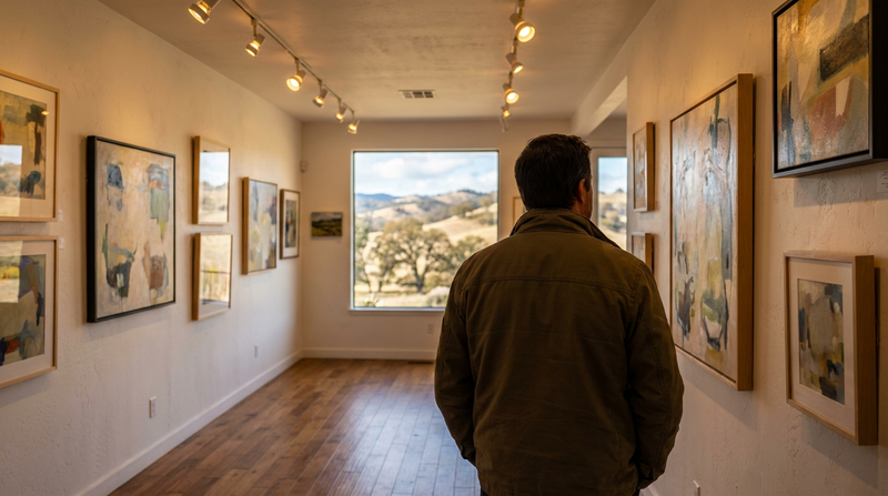 A small art gallery interior with abstract paintings and warm lighting