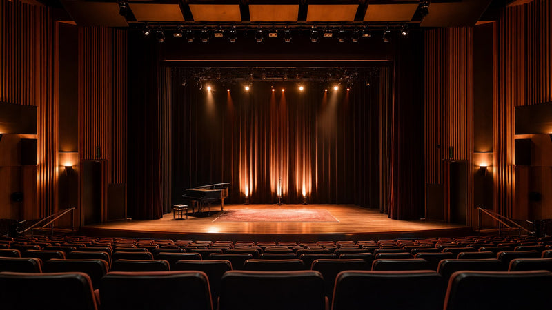 Warm stage lights inside an intimate performing arts venue.