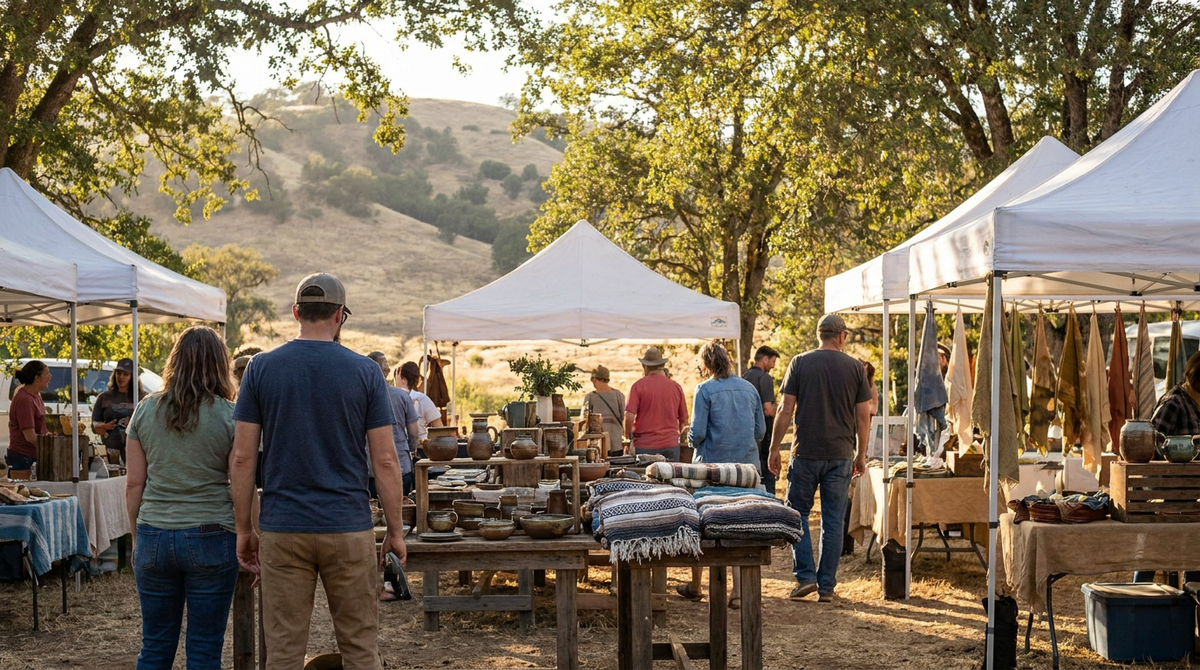 Handmade ceramics and textiles on wooden tables at an outdoor craft market