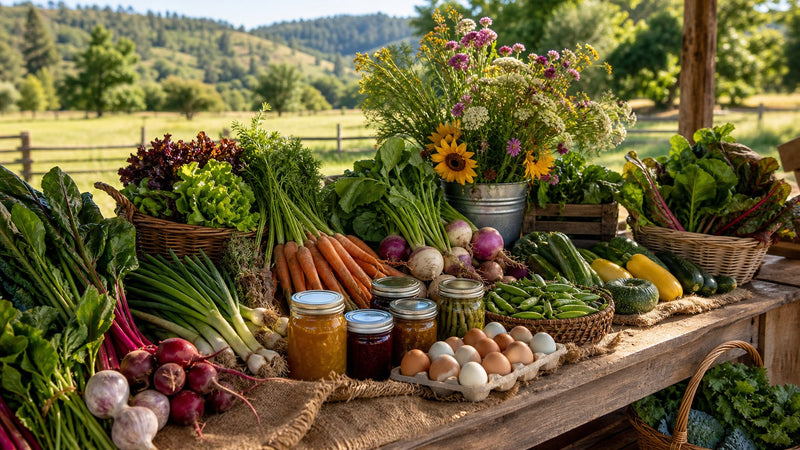 Seasonal vegetables and local farm goods displayed at a market table.
