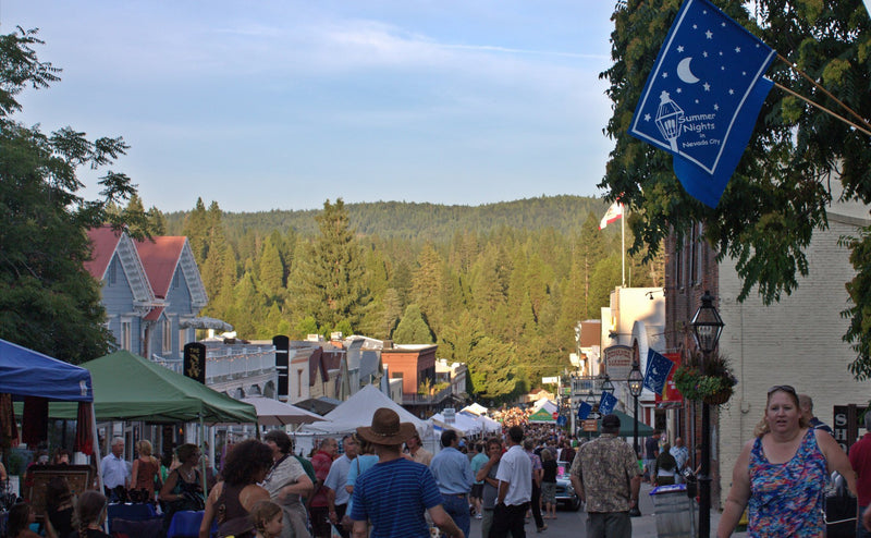 A summer evening street scene in Nevada City, California