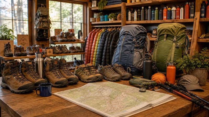 Hiking boots, backpacks, and trail gear arranged in an outdoor shop.