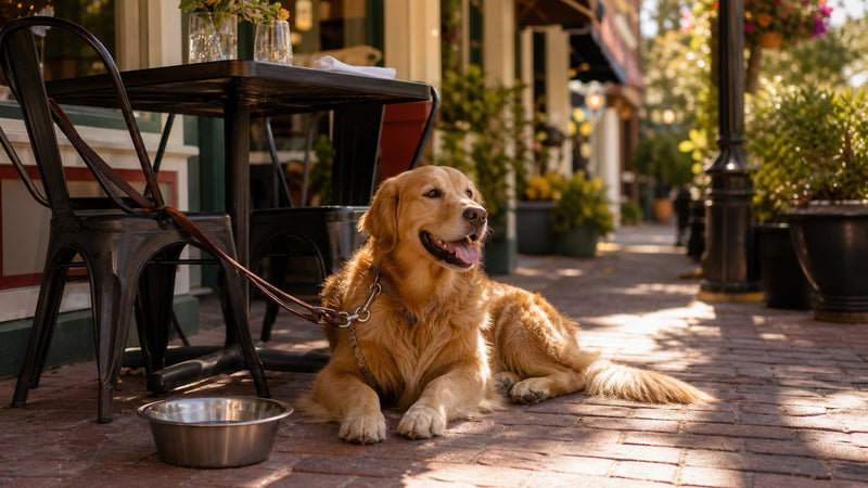 A dog resting beside an outdoor patio table in a small downtown setting.