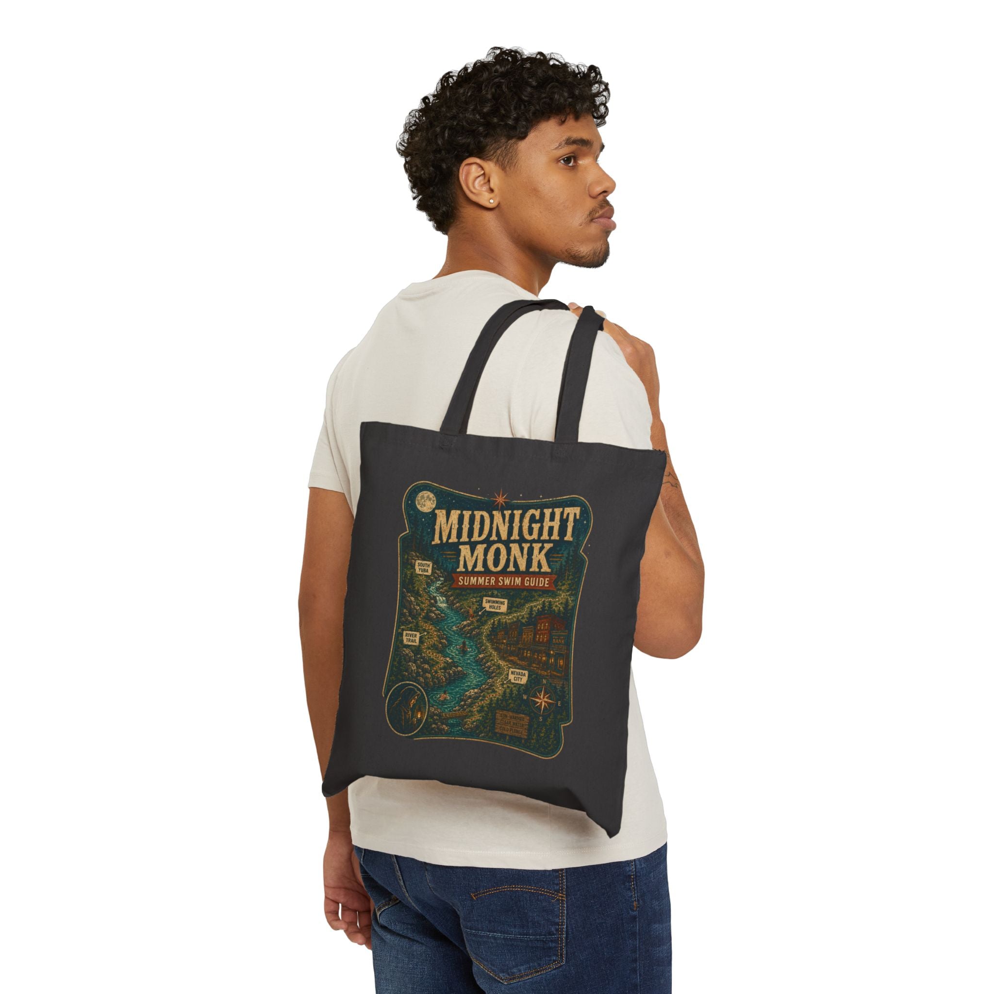 Midnight Monk Summer Swim Guide cotton canvas river tote bag, South Yuba River, Friar Tuck’s (image 7 of 8)
