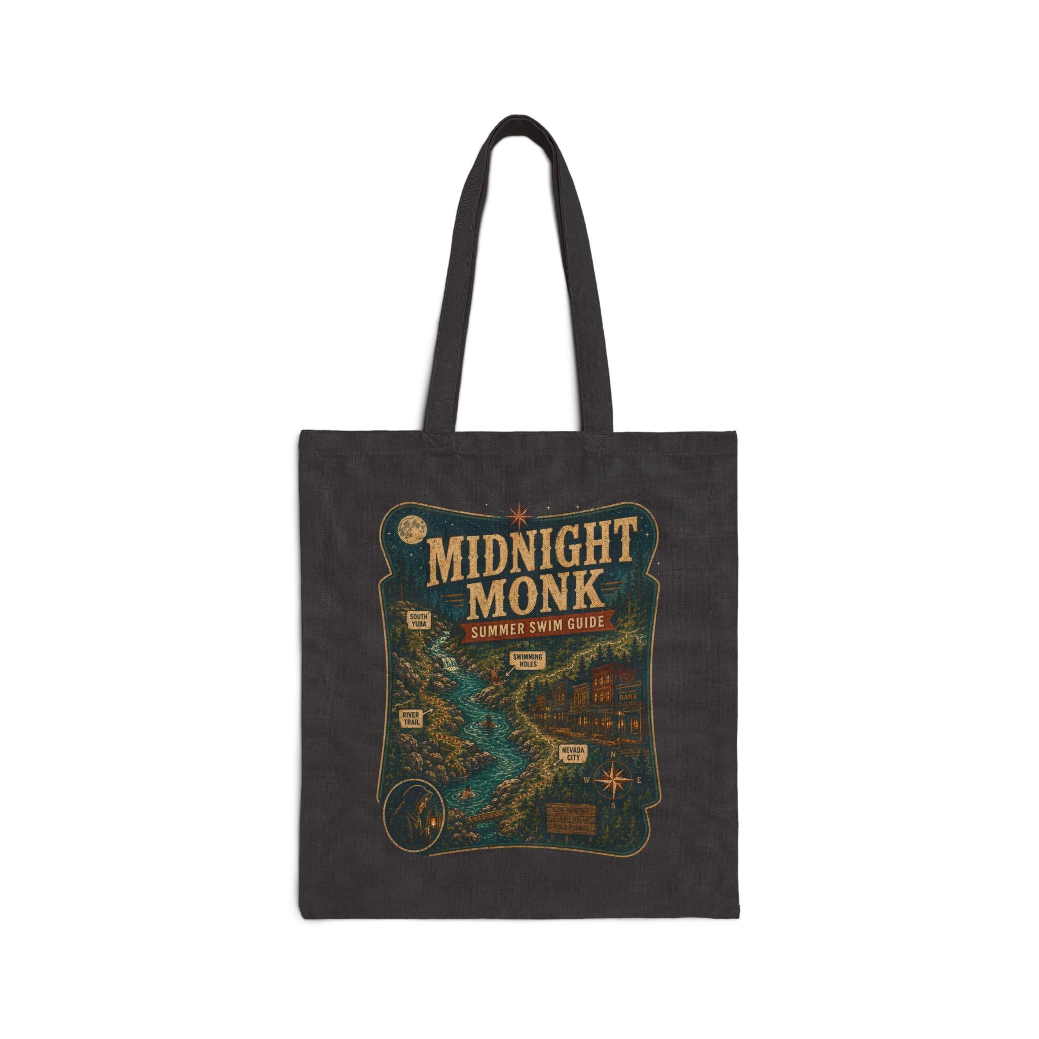 Midnight Monk Summer Swim Guide cotton canvas river tote bag, South Yuba River, Friar Tuck’s (image 2 of 8)