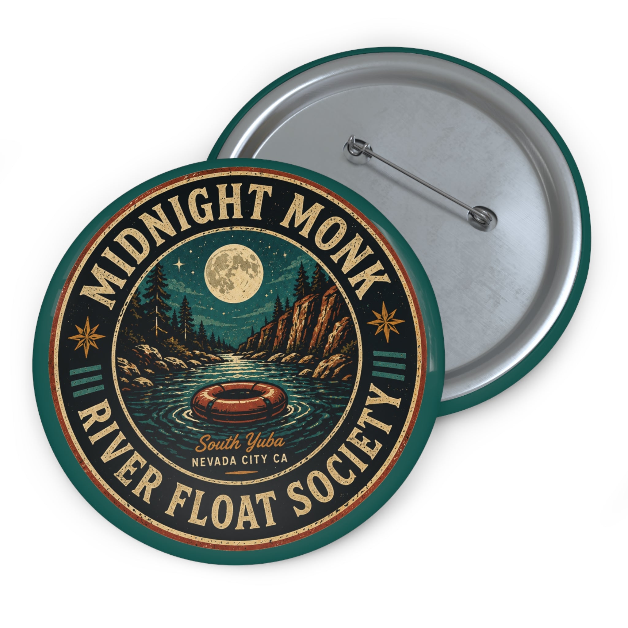 Midnight Monk River Float Society retro pin button, South Yuba night badge, Friar Tuck’s (image 1 of 2)
