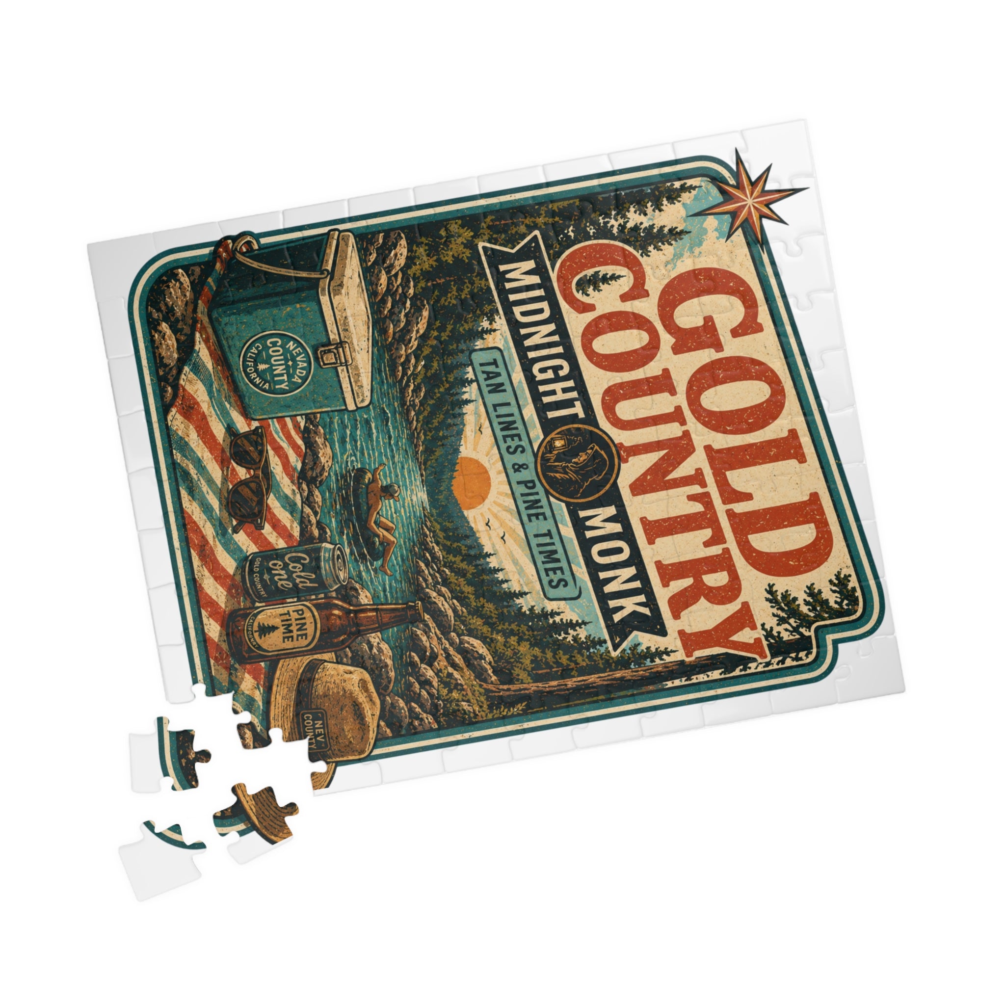 Gold Country vintage poster jigsaw puzzle, retro camping scene, Friar Tuck’s Nevada City (image 4 of 4)
