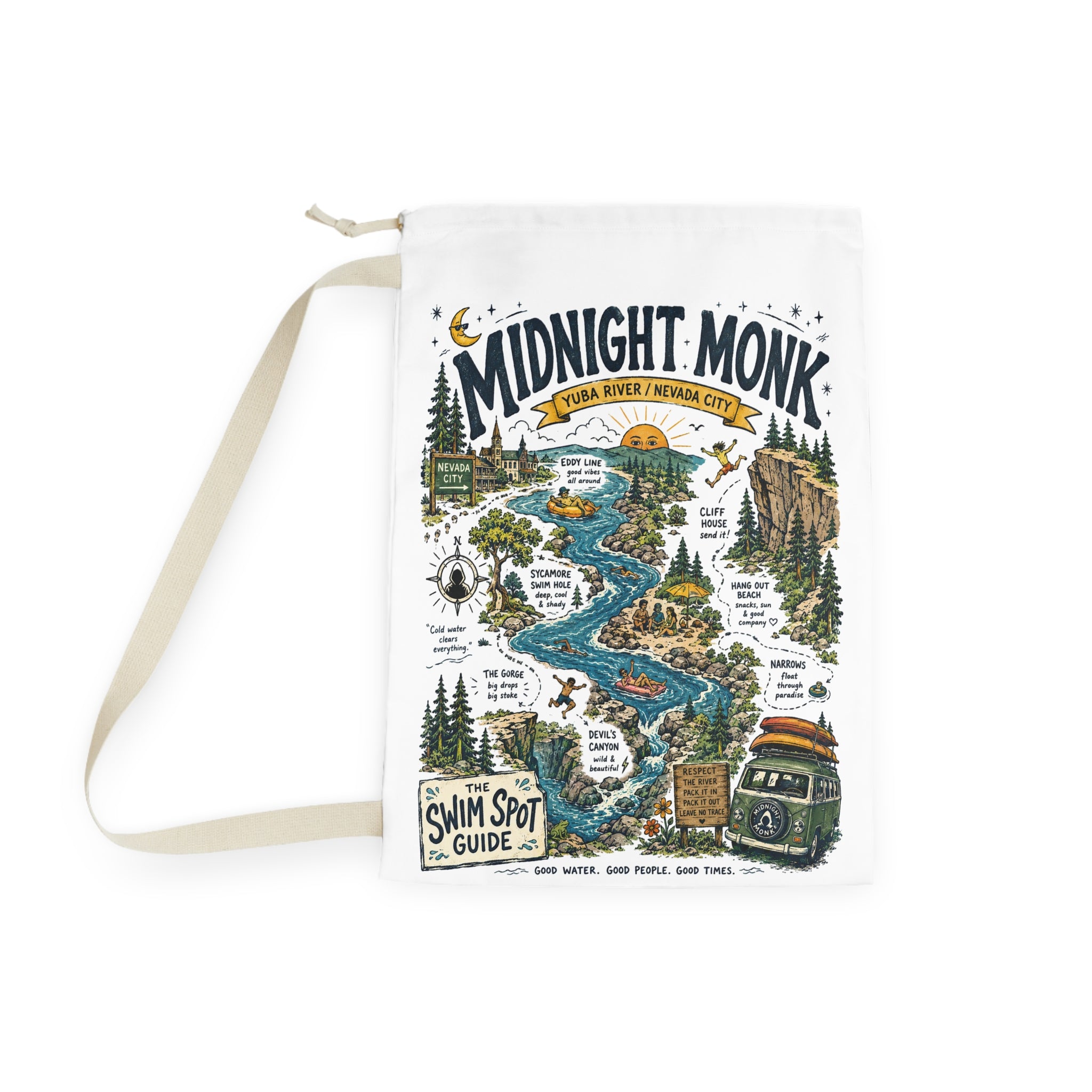 Midnight Monk Swim Spot Guide drawstring laundry bag, river map print, Friar Tuck’s (image 3 of 4)
