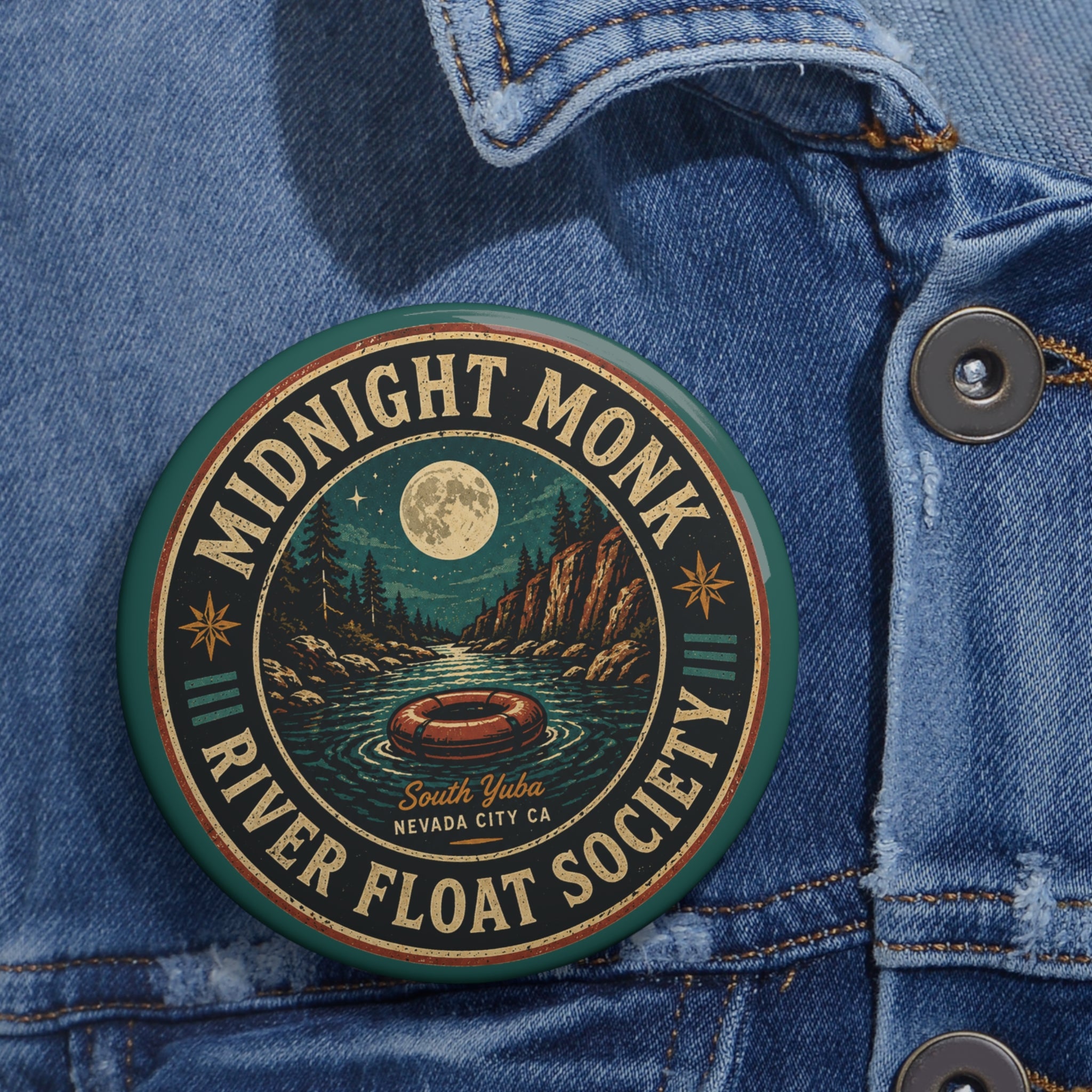 Midnight Monk River Float Society retro pin button, South Yuba night badge, Friar Tuck’s (image 2 of 2)