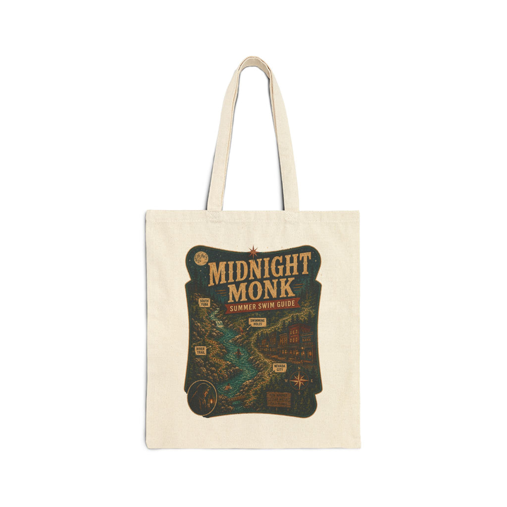 Midnight Monk Summer Swim Guide cotton canvas river tote bag, South Yuba River, Friar Tuck’s (image 1 of 8)