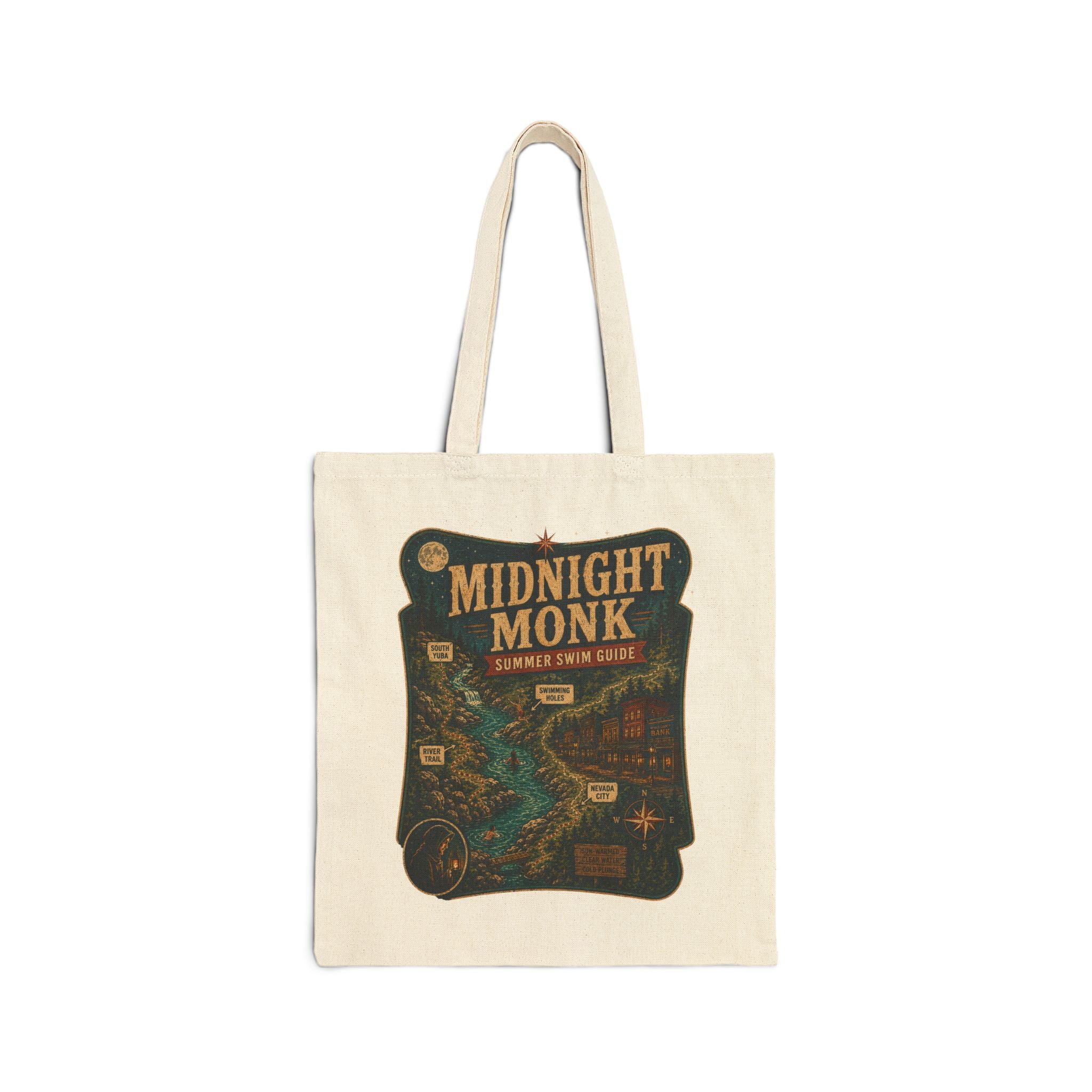 Midnight Monk Summer Swim Guide cotton canvas river tote bag, South Yuba River, Friar Tuck’s (image 1 of 8)
