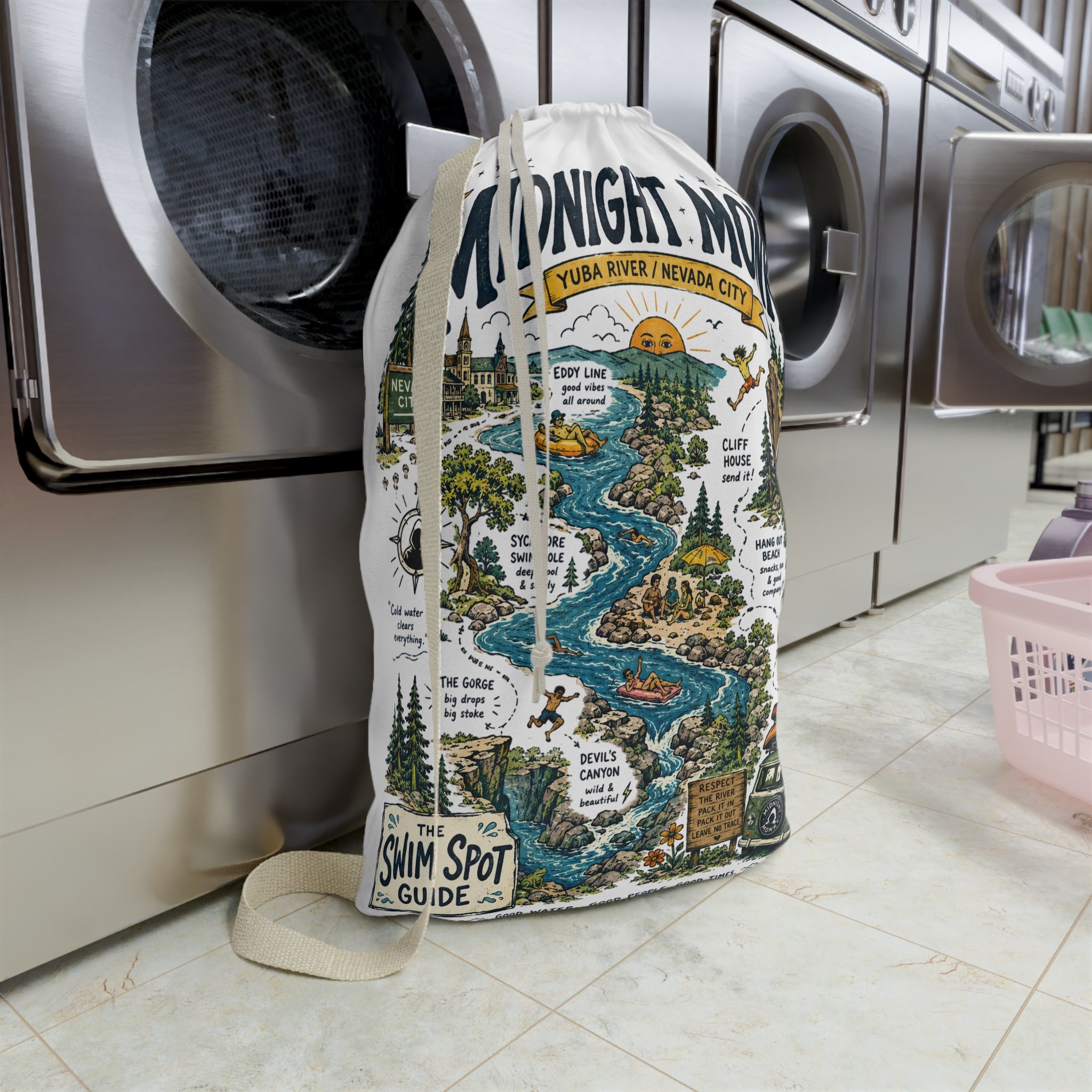 Midnight Monk Swim Spot Guide drawstring laundry bag, river map print, Friar Tuck’s (image 4 of 4)