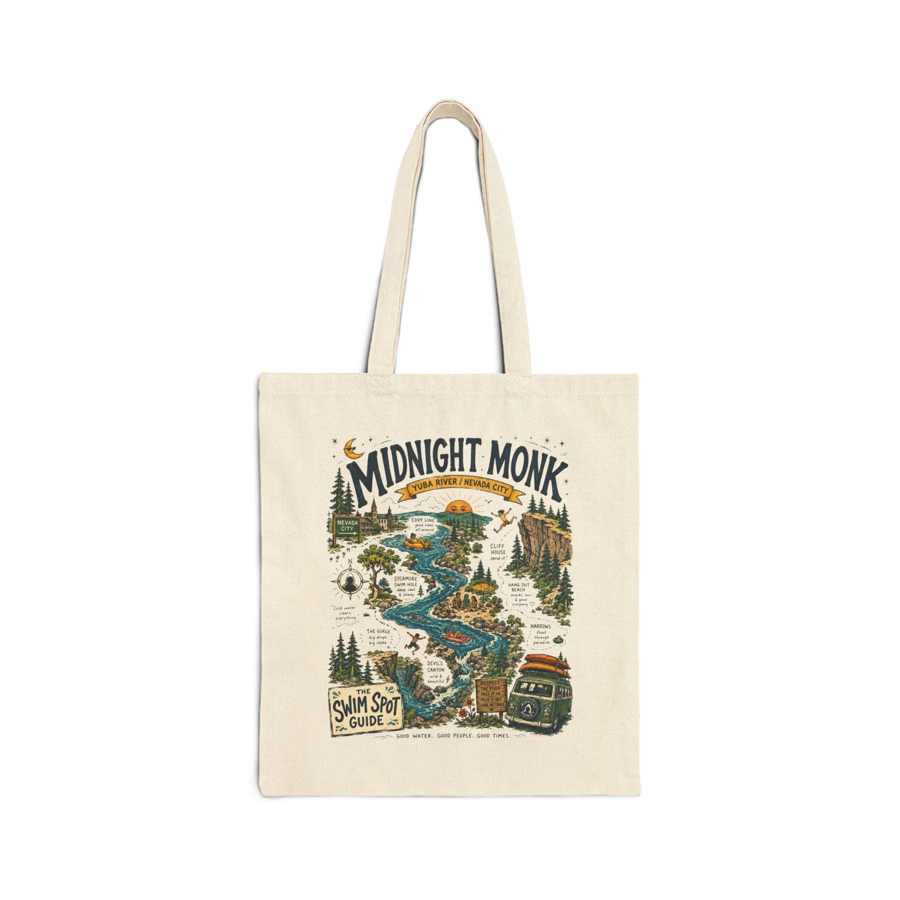Midnight Monk Swim Spot Guide Tote Bag | South Yuba River Canvas Tote