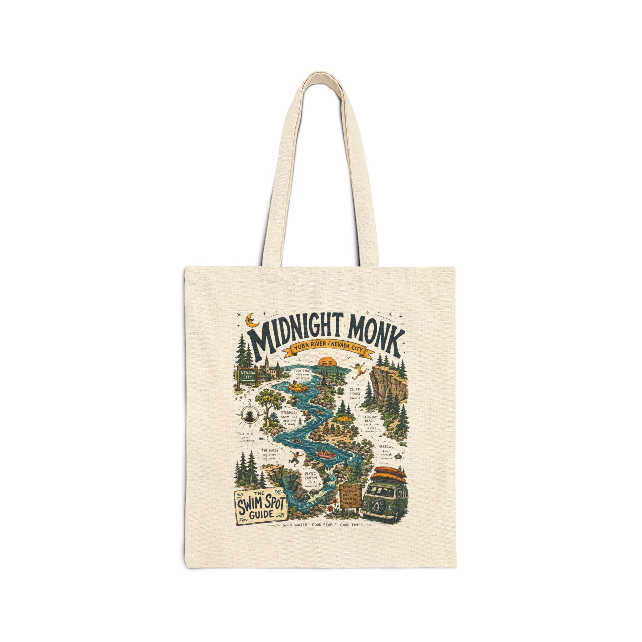 Midnight Monk Swim Spot Guide canvas tote bag, South Yuba River map print, Friar Tuck’s (image 1 of 4)