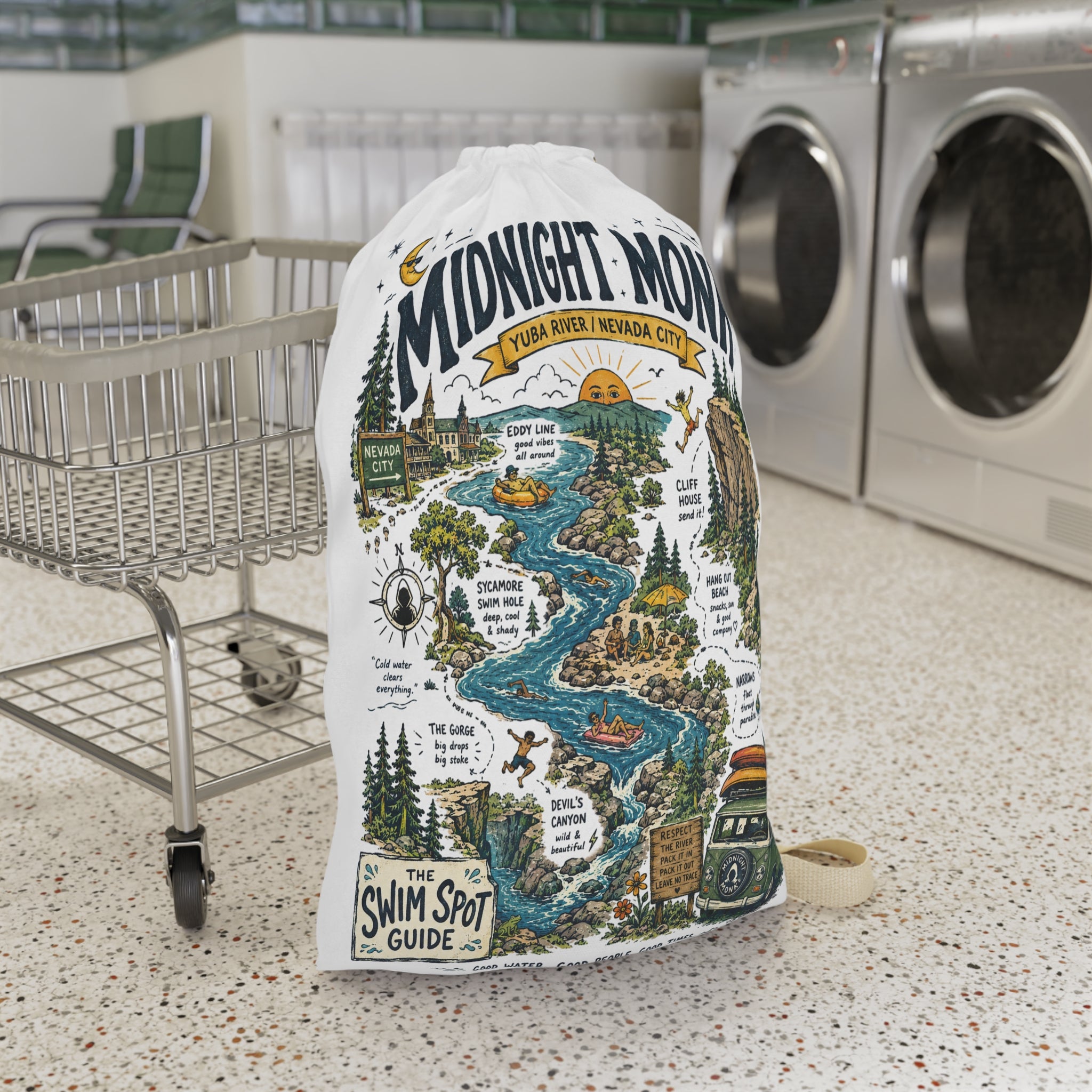 Midnight Monk Swim Spot Guide drawstring laundry bag, river map print, Friar Tuck’s (image 1 of 4)